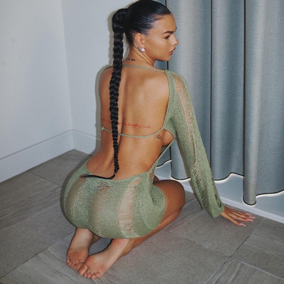 Boho Sexy Knit Mini Dress In Natural Fibers With Shred Detailing |Lena Vie - Picture 3 of 15